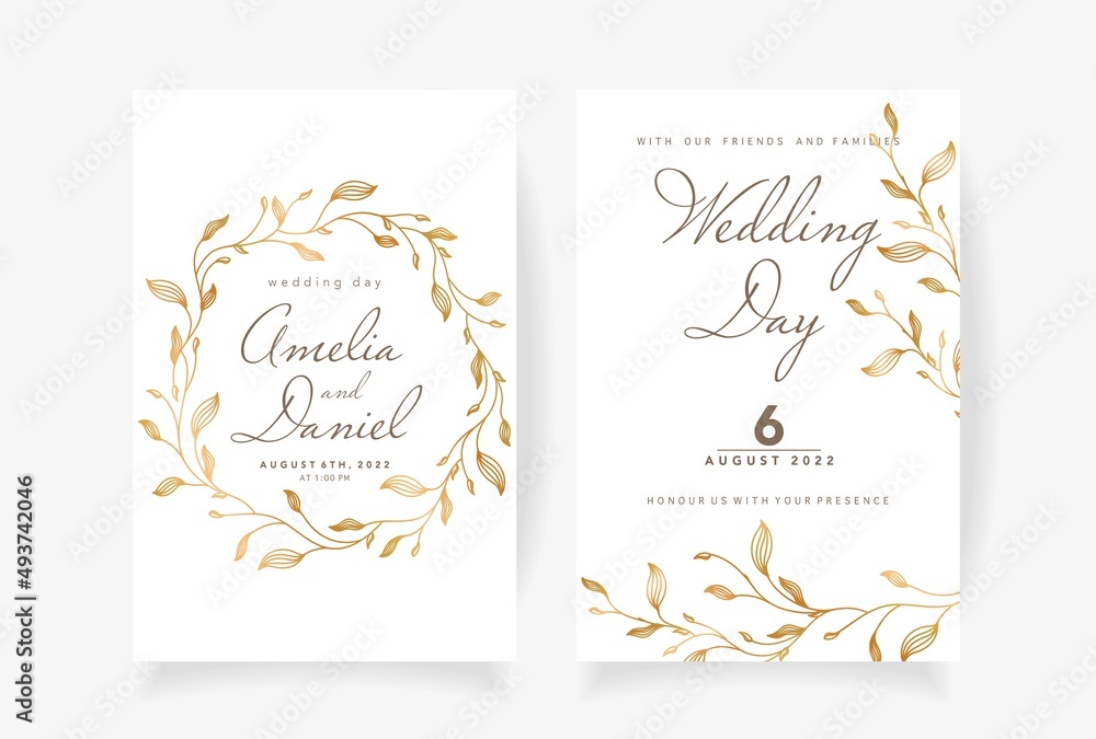 Wedding invitation template with beautiful golden leaves Vector illustration