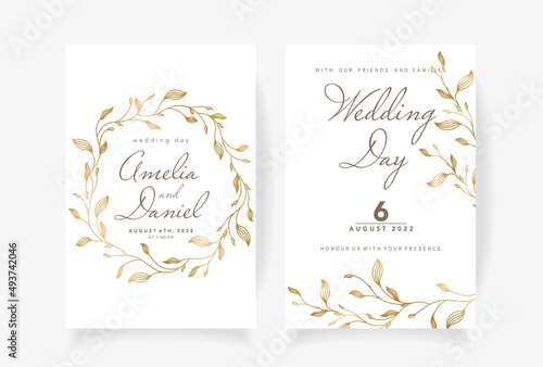 Wedding invitation template with beautiful golden leaves Vector illustration