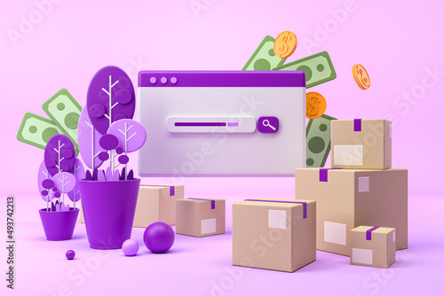 Web page with search field, cardboard boxes and money. Online shopping © ImageFlow