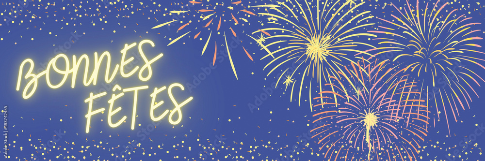 Happy Holidays illustration in french langage with fireworks