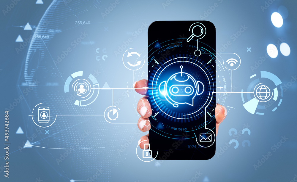 Woman hand with smartphone, voice chat with security icons, binary Woman hand with smartphone, voice chat with security icons, binary