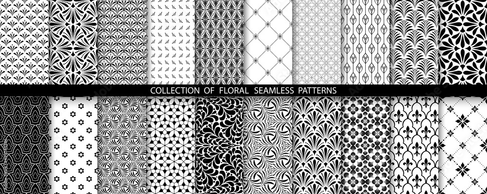 Geometric floral set of seamless patterns. White and black vector backgrounds. Simple illustrations. - obrazy, fototapety, plakaty 
