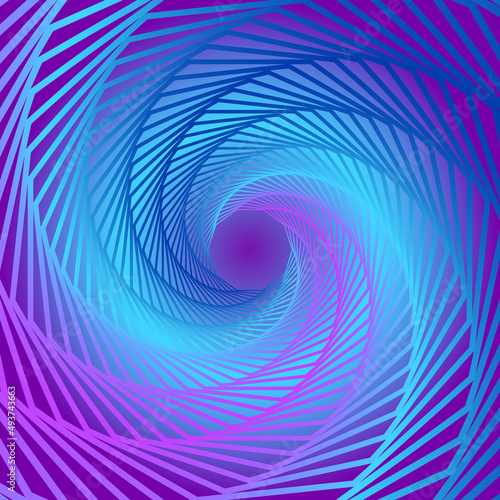 Twisted colored lines of the octagon frame. Vector 3d tunnel made of geometric shapes. Abstract dark background graphic spiral.