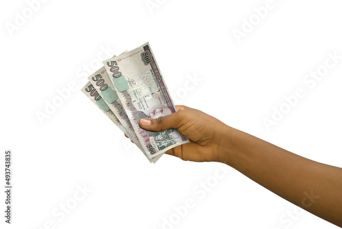 Fair hand holding 3D rendered 500 Honduran lempira notes isolated on white background