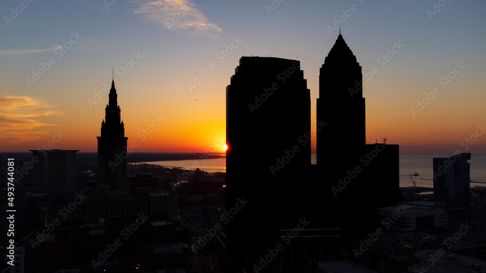 Downtown skyline silhouette at sunset - Cleveland, Ohio