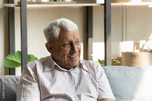Quadro em tela Carefree elderly male relaxing at home seated on comfy couch smiling staring into distance feels happy looks untroubled