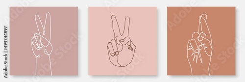 Hands One Line Drawing Prints Set for Wall Decor, Social Media. Continuous Line Drawing of Hands Gesture. Trendy Minimalist Prints Set for Wall Art Design. Vector EPS 10.