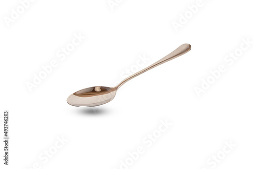 Silver spoon photo 3d side view isolated on white background. Stainless steel tableware