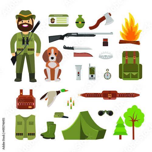 Vector Hunt. Set of Hunting Icons. Flat color design. Vector illustration