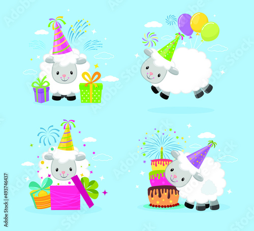Vector set of Happy Birthday with cute cartoon sheeps © Janna7