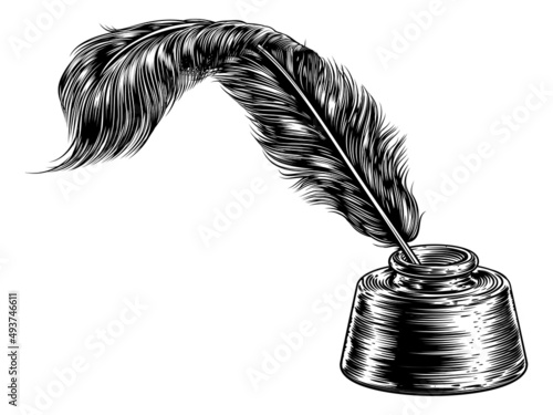 Quill Pen Feather and Inkwell