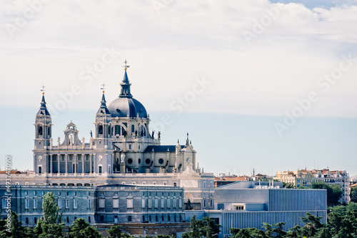 Cityscape of Madrid with the Almudena Cathedral and the Royal Palace