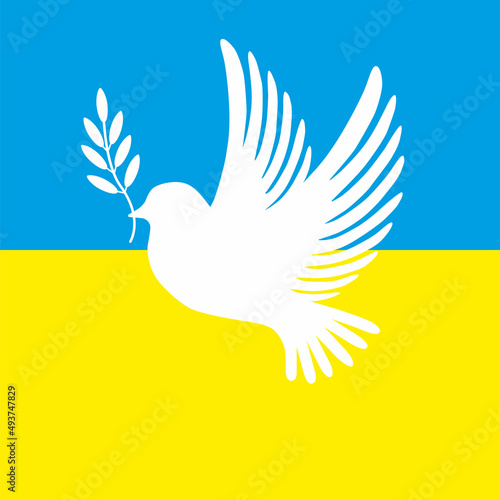 Peace dove with olive branch. Flat style vector illustration with white pigeon on background of Ukrainian flag.Pray for Ukraine. Stop the war. 