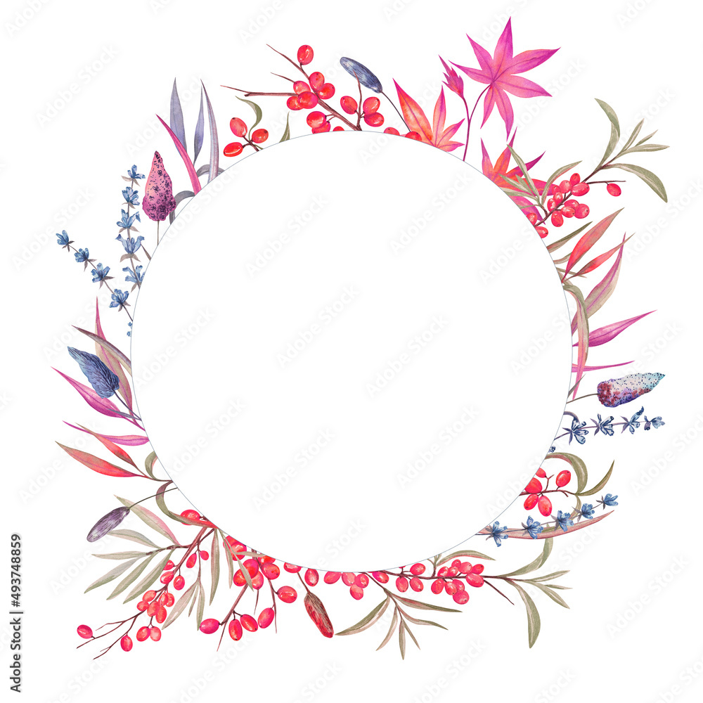 Autumn wreath of herbs, leaves, and berries. For invitations, greeting cards, thank you cards, plates design, and more. Perfect for farmhouse and cottagecore styles. Plants are painted with watercolor Autumn wreath of herbs, leaves, and berries. For invitations, greeting cards, thank you cards, plates design, and more. Perfect for farmhouse and cottagecore styles. Plants are painted with watercolor