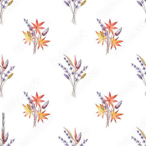 Autumn herbal seamless pattern on white isolated background. Herbs and leaves are painted with watercolors. Elegant design for wrapping paper, wallpapers, home textile, bedding, wrapping paper.