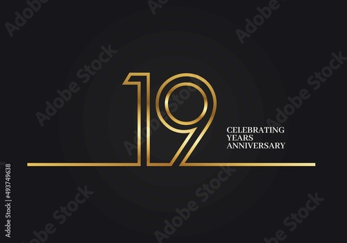 19 Years Anniversary logotype with golden colored font numbers made of one connected line, isolated on black background for company celebration event, birthday photo