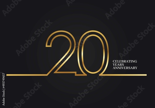 20 Years Anniversary logotype with golden colored font numbers made of one connected line, isolated on black background for company celebration event, birthday