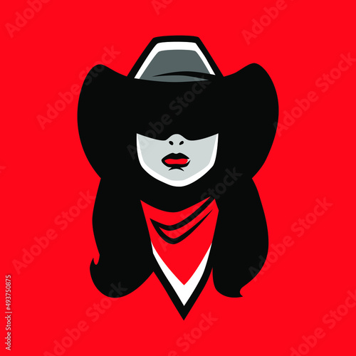 Cowgirl wearing bandana portrait symbol on red backdrop. Design element