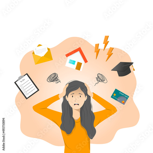 Woman panic and stress with many problems.