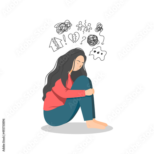 A woman sits worrying about many problems, Stressed woman, Broken heart