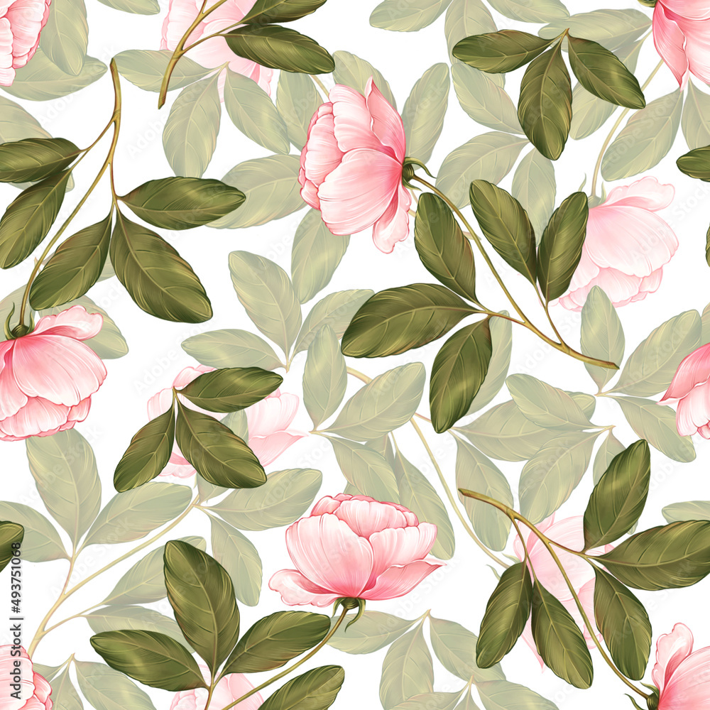 Seamless pattern of pink flowers and green leaves. Floral background Seamless pattern of pink flowers and green leaves. Floral background