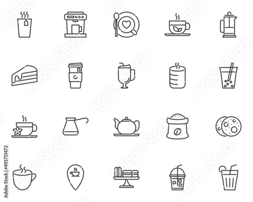 set of cafe line icons, coffee, tea, hot drinks