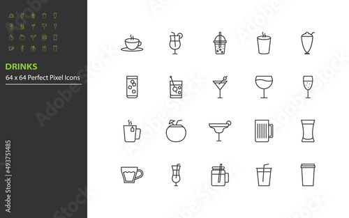 set of drinks line icons, hot drinks, alcohol, glass