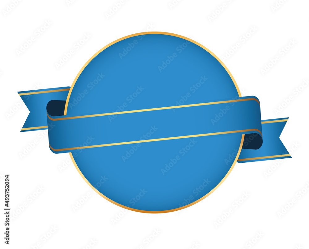 blue colored ribbon banner on round banner with gold frame on white background