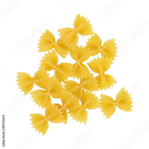 heap farfalle pasta isolated on white background, top view