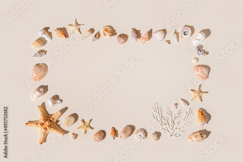 Frame with seashells and starfish with shadow on beige pastel background at sunlight. Summer vacation nautical pattern. Minimal flat lay with natural shells, sea stars, stone. Top view