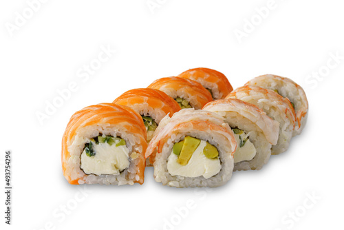Sushi roll with salmon, cream cheese, cucumber, shrimp, avocado. Isolated on white background