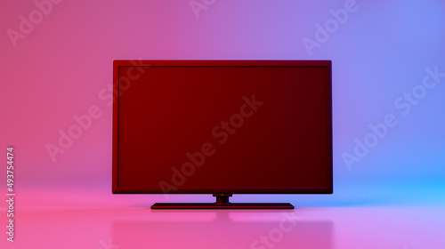 Close up colorful television mock up, 3d rendering, blank empty space, modern style with neon pink and blue lighting on background.