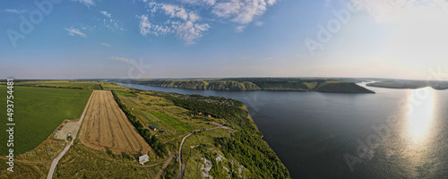 Panorama Aerial view from flying drone of Bakota Bay on Dnister river, Ukraine, Europe. Beauty of nature concept background in National Park Podilski Tovtry, Sunset