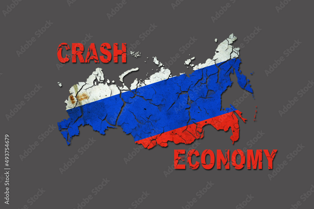 Crash economy. Cracked map of Russia. Isolated on a gray background. The crisis. Sanctions. The decline of the economy. Blockade. Business. Politics.