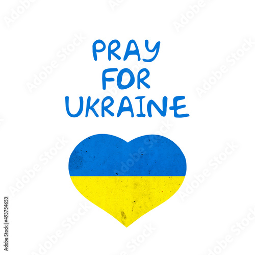 Pray for Ukraine. Flag of Ukraine in the form of a heart. Isolated on white background.