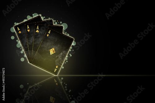 Fototapeta Naklejka Na Ścianę i Meble -  Four Aces, grunge cards in black background. Reflection. Copy Space. Poker background.Playing cards.
