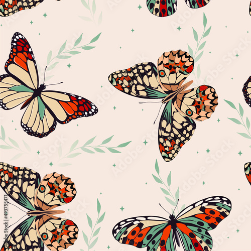 Seamless vector pattern of flying butterflies retro colors. Contemporary composition. Trendy texture for print, textile, packaging.