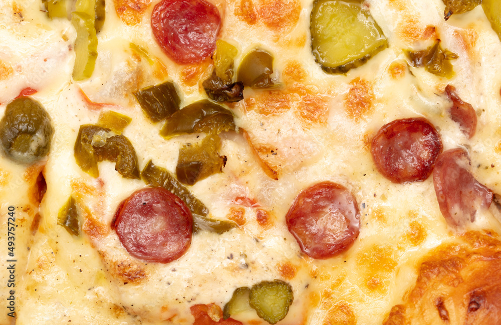 Pizza with sausages and cheese as an abstract background. Pizza with sausages and cheese as an abstract background.