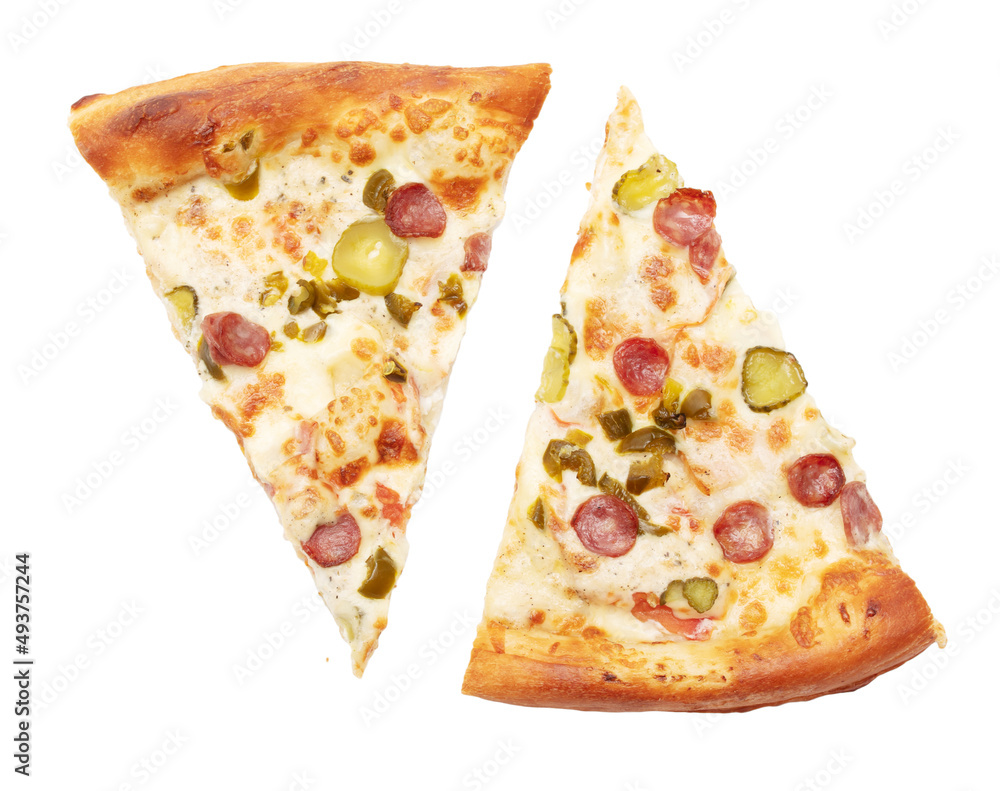 Pizza with sausages and cheese isolated on white Pizza with sausages and cheese isolated on white