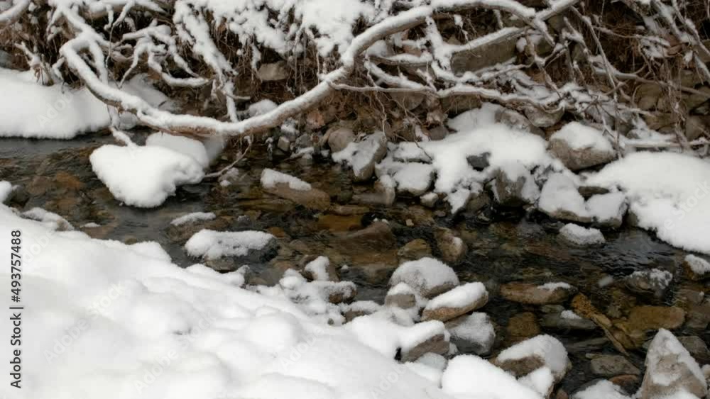 A stream in the snow in winter. A stream in the snow in winter.