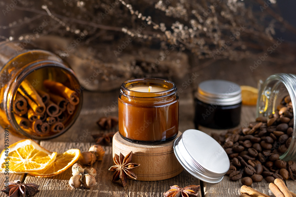 Stockfoto med beskrivningen A set of different aroma candles in