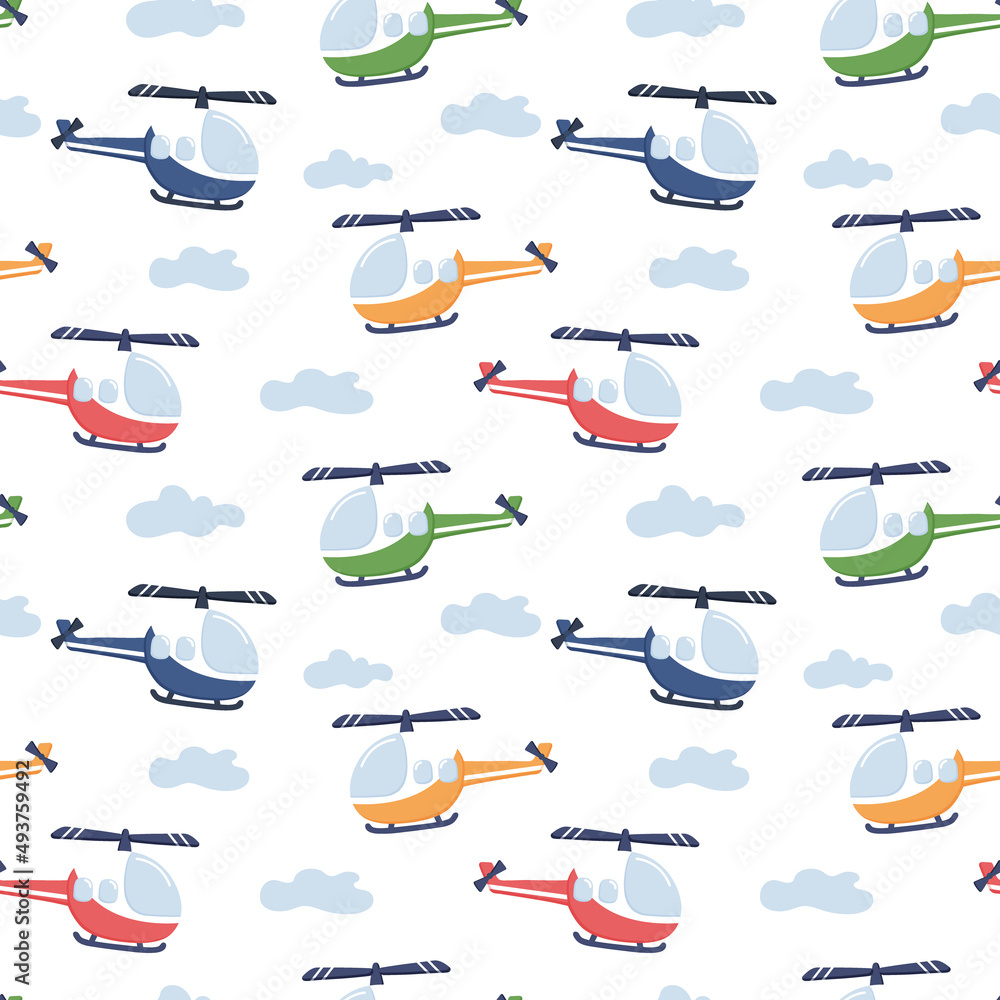 Red Helicopter in Cartoon style with sign Time to fly and seamless pattern colorful Helicopter. Vector