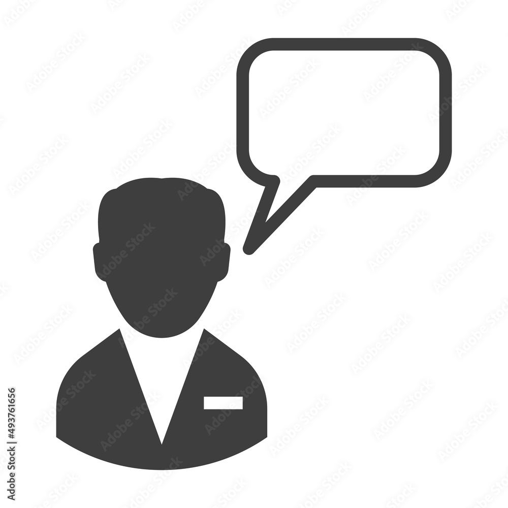 Manager icon with chat cloud. A simple glyph depiction of the upper half of a man in a suit with a name tag. Isolated vector on pure white background. Manager icon with chat cloud. A simple glyph depiction of the upper half of a man in a suit with a name tag. Isolated vector on pure white background.