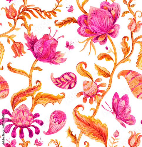 Paisley watercolor floral pattern. Jacobean floral tile: flowers, flores leaves. Oriental indian traditional hand painted water color whimsical seamless print design. Abstract india batik background