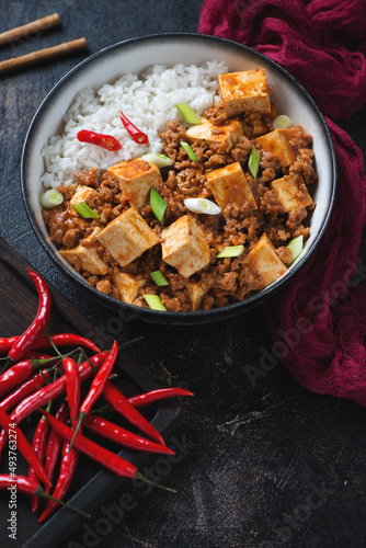 Bowl of chinese mapo tofu and white rice on a dark-brown stone background, vertical shot, selective focus