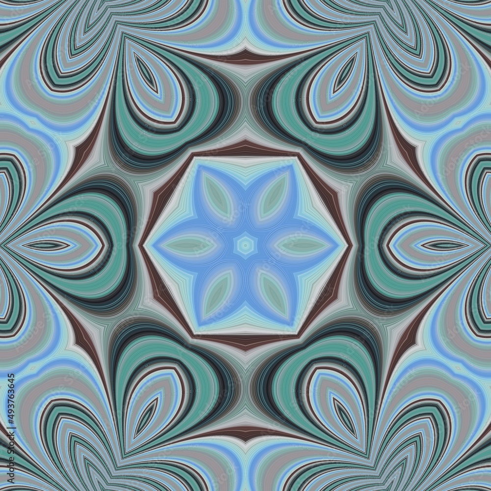 dark brown pale blue and green coloured horizontal striped pattern in art deco combination shape and hexagonal floral fantasy design dark brown pale blue and green coloured horizontal striped pattern in art deco combination shape and hexagonal floral fantasy design