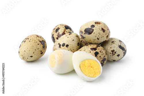 Boiled Quail eggs with half isolated on white background. photo