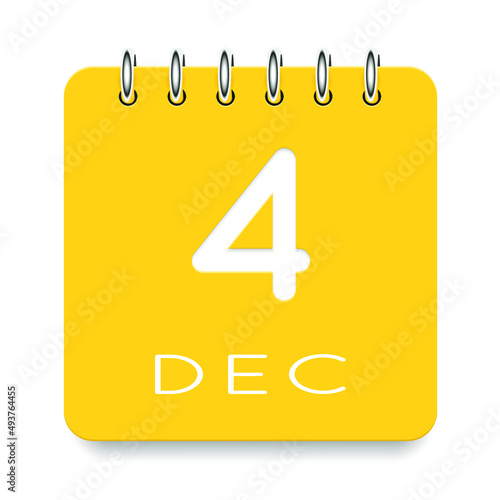 4 day of the month. December. Cute yellow calendar daily icon. Date day week Sunday, Monday, Tuesday, Wednesday, Thursday, Friday, Saturday. Cut paper. White background. Vector illustration.