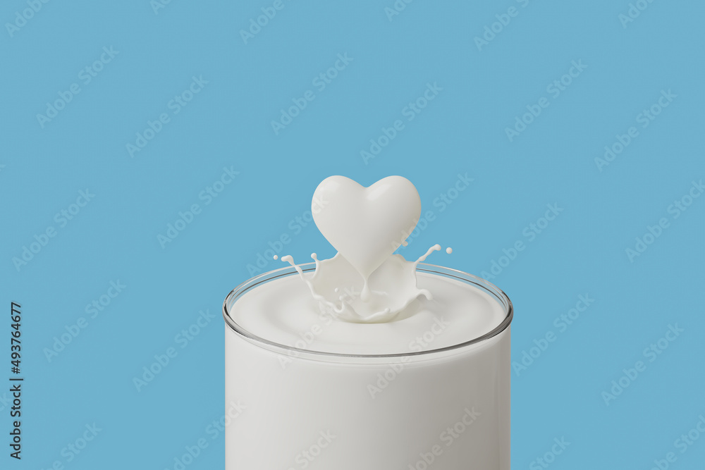 splash of milk in the glass and pouring, heart shape, isolated on ...
