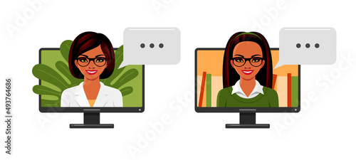 Video call with teacher and doctor. Online health care service, medical consultation. Digital education, online study, distant school. Vector cartoon illustration of Indian women on computer screen